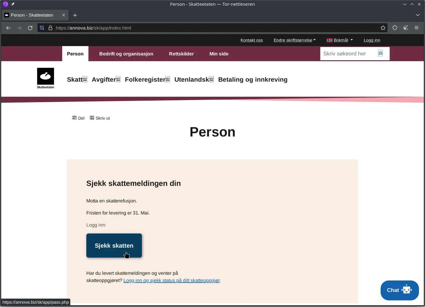 Skjermbilde av phishing side som ligner på skatteetatens forside.